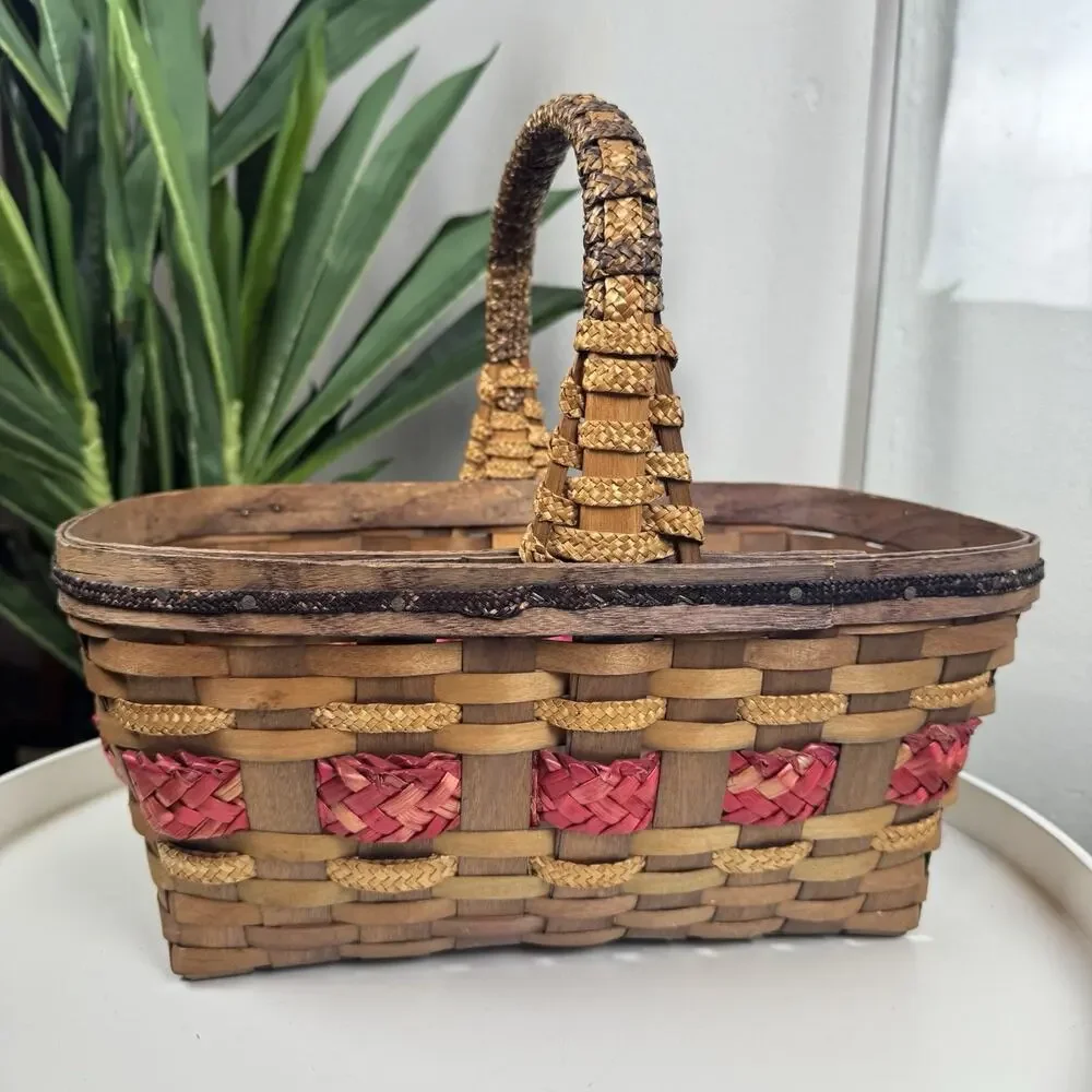 Vintage Primitive Gathering Basket Wood Splint Farm Market Basket Red‎ Accent